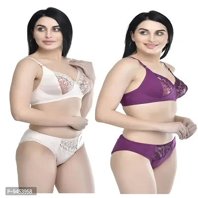 FASALVI Women?s Cotton 2 Bras, 2 Panty Set, Sexy Lingerie for Honeymoon Multicolored (30, Skin  Purple)