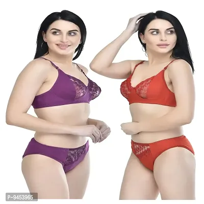 FASALVI Women?s Cotton 2 Bras, 2 Panty Set, Sexy Lingerie for Honeymoon Multicolored (30, Red  Purple)