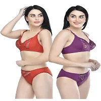 FASALVI Women?s Cotton 2 Bras, 2 Panty Set, Sexy Lingerie for Honeymoon Multicolored (30, Red  Purple)-thumb1