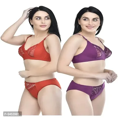 FASALVI Women?s Cotton 2 Bras, 2 Panty Set, Sexy Lingerie for Honeymoon Multicolored (30, Red  Purple)-thumb2