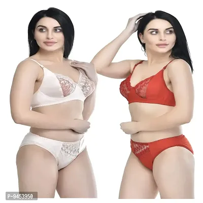 FASALVI Women?s Cotton 2 Bras, 2 Panty Set, Sexy Lingerie for Honeymoon Multicolored (38, Skin  Red)