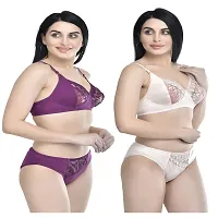 FASALVI Women?s Cotton 2 Bras, 2 Panty Set, Sexy Lingerie for Honeymoon Multicolored (30, Skin  Purple)-thumb1