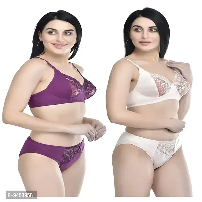 FASALVI Women?s Cotton 2 Bras, 2 Panty Set, Sexy Lingerie for Honeymoon Multicolored (30, Skin  Purple)-thumb2