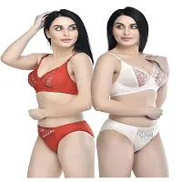 FASALVI Women?s Cotton 2 Bras, 2 Panty Set, Sexy Lingerie for Honeymoon Multicolored (38, Skin  Red)-thumb1