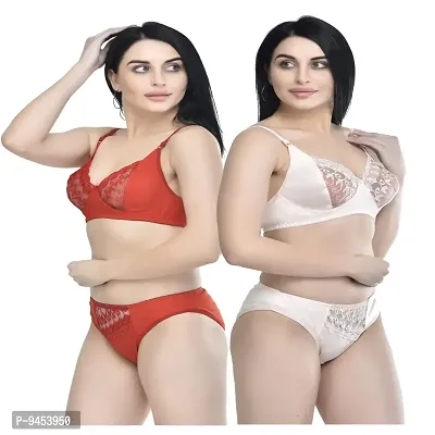 FASALVI Women?s Cotton 2 Bras, 2 Panty Set, Sexy Lingerie for Honeymoon Multicolored (38, Skin  Red)-thumb2