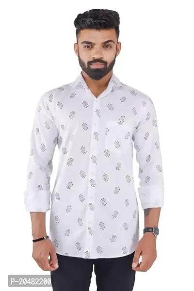 LOOMPAS Full Sleeve Printed Regular Fit Casual Shirt (White)-thumb0