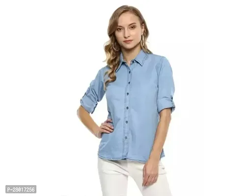 Stylish Blue Denim Shirt For Womem-thumb0