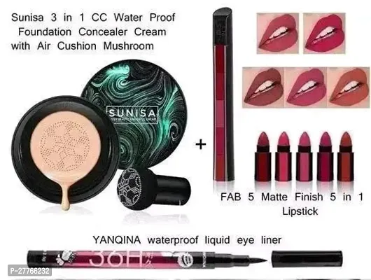 sunisa 3 in one cc water proof foundation with air cushion mushroom and 5 in one red lipstick and 36h eyeliner combo of 3 item-thumb0
