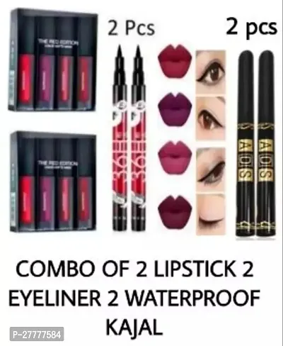 the red matte mini waterproof  liquid lipstick 4 pcs set with 2 pcs eyeliner and 2 pcs ads kajal black-thumb0