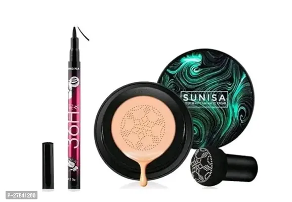 sunisa foundation with makeup puff and mirror in box with 36h eyeliner black