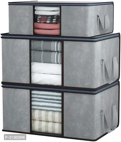 Useful Non-Wooven Multipurpose Wardrobe Organizer Blanket Cover Storage Bag With Side Handles And Large Transparent Window Under-Bed Organizer (Pack Of 3, Grey)