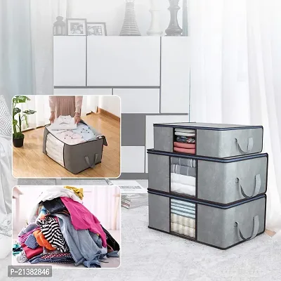 Useful Non-Wooven Multipurpose Wardrobe Organizer Blanket Cover Storage Bag With Side Handles And Large Transparent Window Under-Bed Organizer (Pack Of 3, Grey)-thumb3