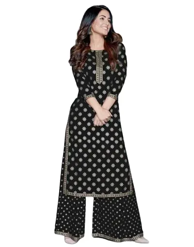 KERYAP Women Premium Straight Kurti with Palazzo in Rayon: Petrol