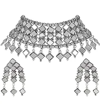 Modern Mood Women's Fashion Latest Stylish Fancy Necklace with Earings | Tribal Chokher Necklace Jewellery Set for Women | Mirror Design Alloy Material Necklace Set-thumb1