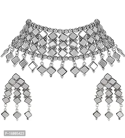 Modern Mood Women's Fashion Latest Stylish Fancy Necklace with Earings | Tribal Chokher Necklace Jewellery Set for Women | Mirror Design Alloy Material Necklace Set-thumb2