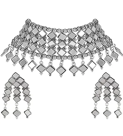 JMBW International Western Mirror Style Designer Traditional Choker Necklace Set with Mirror Earrings For Women & Girls (mirror necklace)