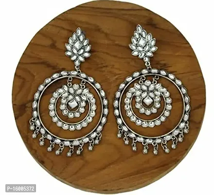 Modern Mood Ethenic Studded Chandbali Jhumka Earrings for Womens and Girls | Traditional Silver Tonned Stylish Elegant Rounded Design Earrings-thumb2