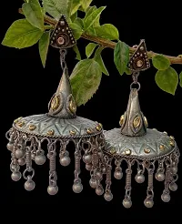 Modern Mood Studded Oxidised Silver Jhumka Earrings for Womens and Girls | Traditional Stylish Afghani Round Latkans Design Silver Earrings-thumb1