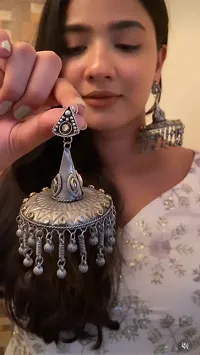 Modern Mood Studded Oxidised Silver Jhumka Earrings for Womens and Girls | Traditional Stylish Afghani Round Latkans Design Silver Earrings-thumb2