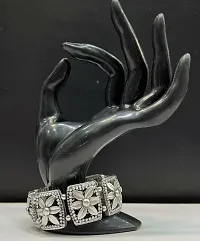 Modern Mood Silver Pearl Cuff Bracelet with Tassel Traditional Jewelry | Mirror Black Metal Kada bracelet with Silver Touch Boho, Jewelry for Women-thumb1
