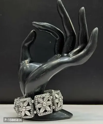 Modern Mood Silver Pearl Cuff Bracelet with Tassel Traditional Jewelry | Mirror Black Metal Kada bracelet with Silver Touch Boho, Jewelry for Women-thumb2
