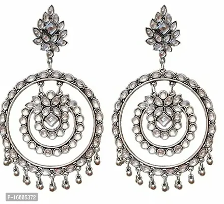 Modern Mood Ethenic Studded Chandbali Jhumka Earrings for Womens and Girls | Traditional Silver Tonned Stylish Elegant Rounded Design Earrings