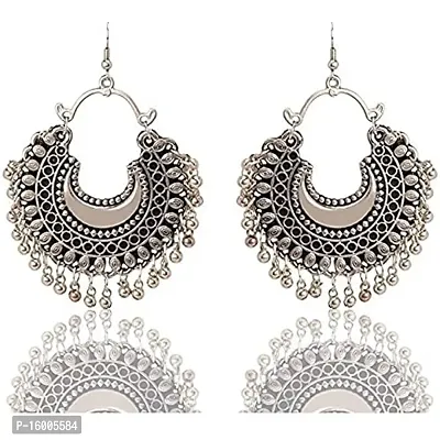 Modern Mood Ethenic Studded Chandbali Jhumka Earrings for Womens and Girls | Traditional Silver Tonned Stylish Latkans Design Earrings