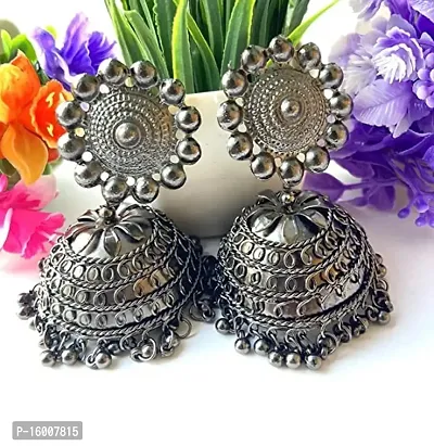 Modern Mood Ethenic Studded Chandbali Jhumka Earrings for Womens and Girls | Traditional Latkan Silver Tonned Stylish Elegant Design Earrings-thumb4