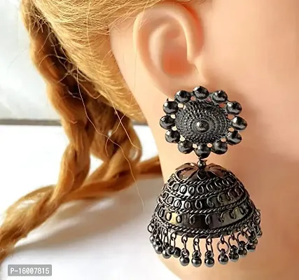 Modern Mood Ethenic Studded Chandbali Jhumka Earrings for Womens and Girls | Traditional Latkan Silver Tonned Stylish Elegant Design Earrings-thumb2