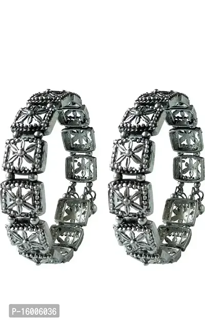 Modern Mood Silver Pearl Cuff Bracelet with Tassel Traditional Jewelry | Mirror Black Metal Kada bracelet with Silver Touch Boho, Jewelry for Women-thumb0