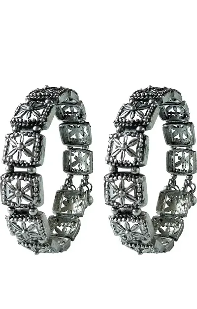 Modern Mood Silver Pearl Cuff Bracelet with Tassel Traditional Jewelry | Mirror Black Metal Kada bracelet with Silver Touch Boho, Jewelry for Women