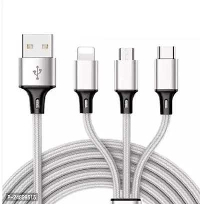 Stylish White Nylon Braided 3 In 1 Multifunctional Cables For Micro USB, Iphone And Type C Devices-thumb0