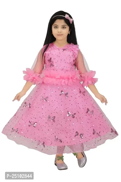 N.FASHION AFIYA Net Casual Starred Maxi Full Sleeves Long Princess Gown Dress for Girls