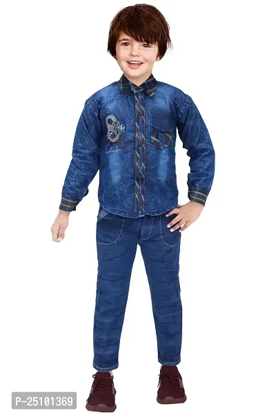 N.FASHION AFIYA Denim Casual Checkered Full Sleeves Shirt and Pant Set for Boys-thumb0