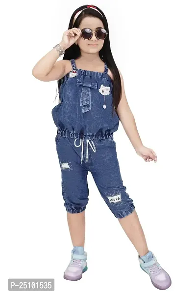 N.FASHION AFIYA Denim Casual Solid Sleeveless Top and Capri Dungree Set for Girls-thumb0