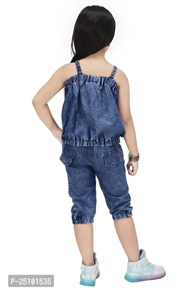 N.FASHION AFIYA Denim Casual Solid Sleeveless Top and Capri Dungree Set for Girls-thumb4