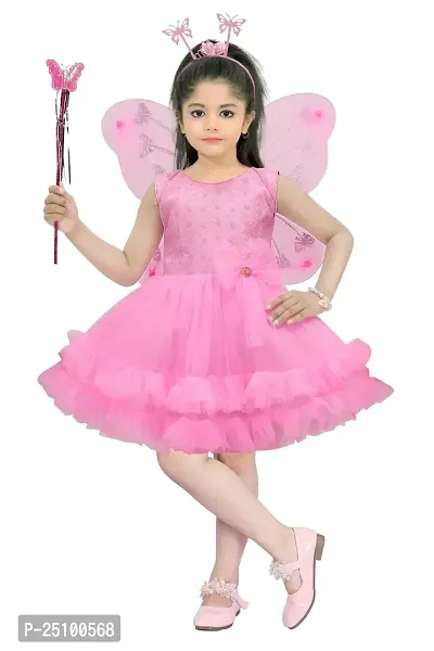 N.FASHION AFIYA Net Casual Embroidered Knee Length Sleeveless Fairy Costume Party Dress with Accessories for Girls