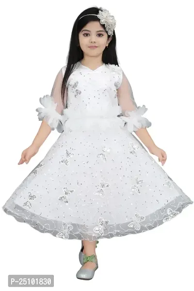 N.FASHION AFIYA Net Casual Starred Maxi Full Sleeves Long Princess Gown Dress for Girls-thumb0