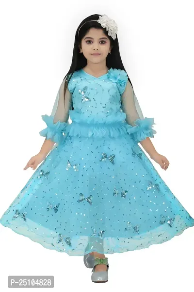N.FASHION AFIYA Net Casual Starred Maxi Full Sleeves Long Princess Gown Dress for Girls