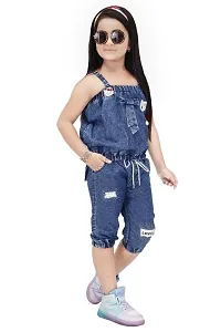 N.FASHION AFIYA Denim Casual Solid Sleeveless Top and Capri Dungree Set for Girls-thumb1