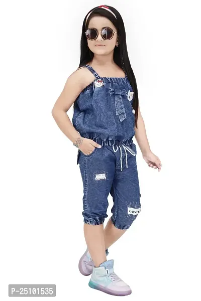 N.FASHION AFIYA Denim Casual Solid Sleeveless Top and Capri Dungree Set for Girls-thumb2