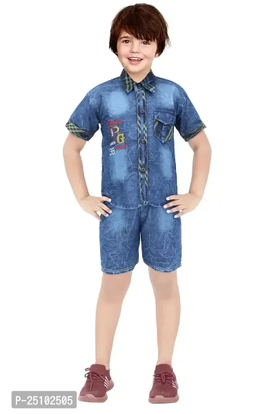 N.FASHION AFIYA Denim Casual Solid Full Sleeves Shirt and Short Set for Boys-thumb0