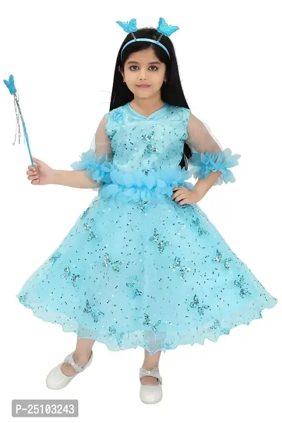 N.FASHION AFIYA Net Casual Starred Maxi Full Sleeves Fairy Costume Party Dress Gown with Accessories for Girls