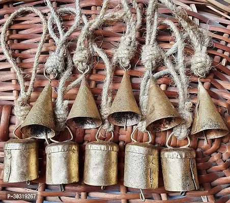 ART LIFE Handmade Vintage Rustic Lucky Cone Cylinder Tin Cow Bells with Jute Rope for Christmas Decor   4cm Set of 10