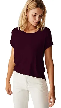 SENIN Plain up and Down Hem Cotton Tshirt for Women (Medium, Wine)-thumb3