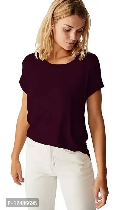 SENIN Plain up and Down Hem Cotton Tshirt for Women (Medium, Wine)-thumb4