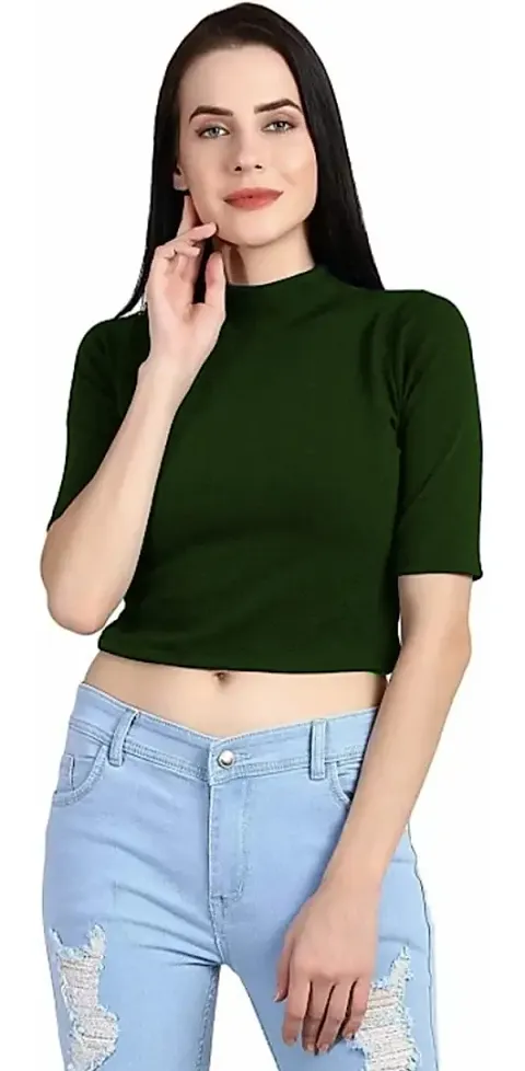 Solid Turtle Neck Women Crop top|Crop top for Women|Turtle Neck top for Women (Small, Bottle Green)