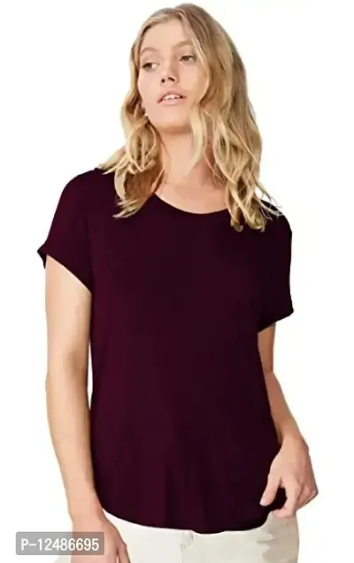 SENIN Plain up and Down Hem Cotton Tshirt for Women (Medium, Wine)