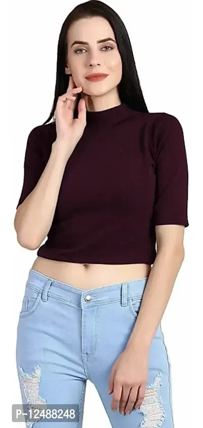 Solid Turtle Neck Women Crop top|Crop top for Women|Turtle Neck top for Women (Medium, Wine)