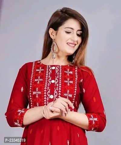 Elegant Flared Red Embroidered Viscose Rayon Kurta For Women-thumb3